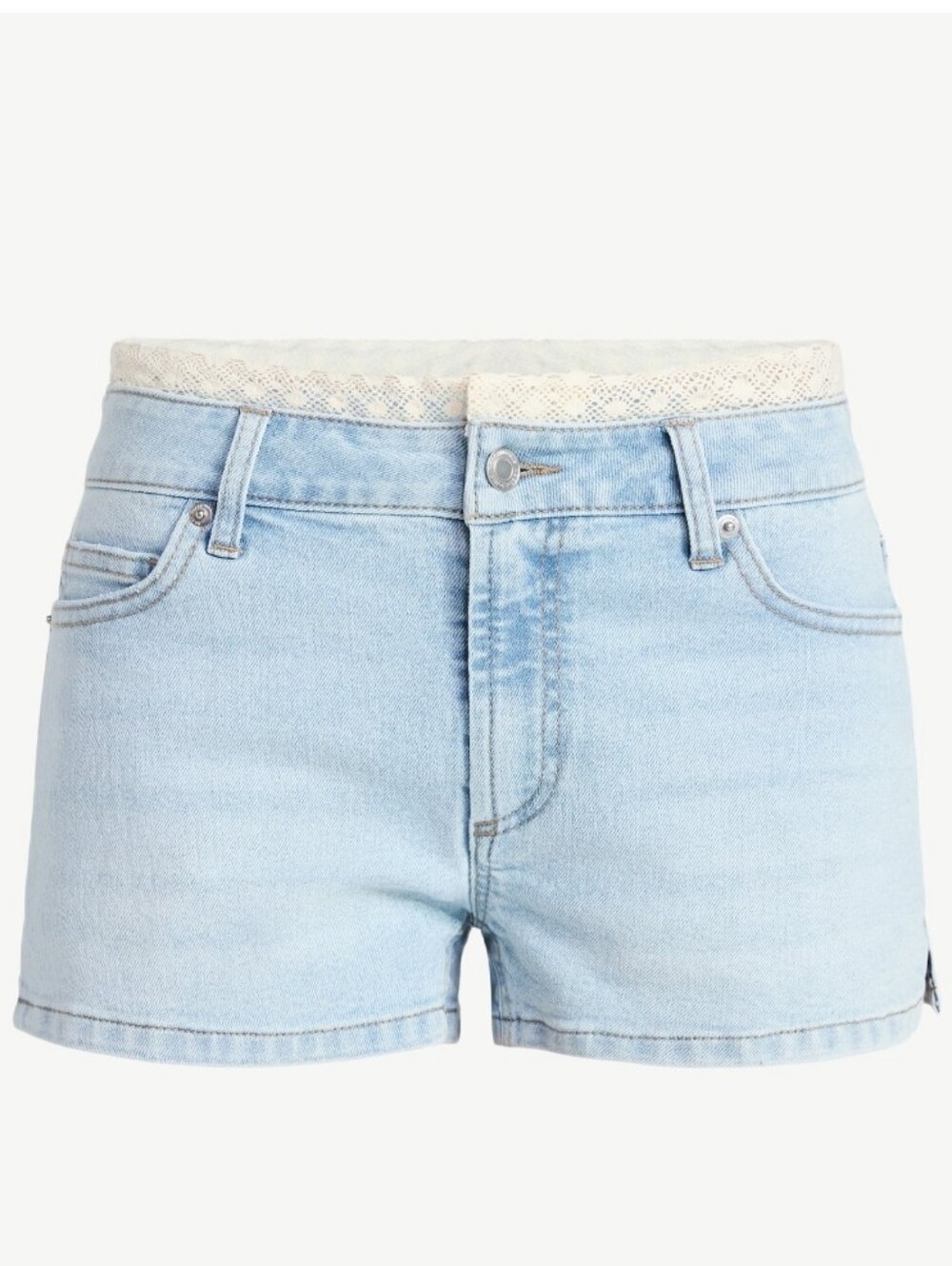 No Boundaries Women's 3' Inseam Light Blue Denim Shorts with Lace Trim Size 0